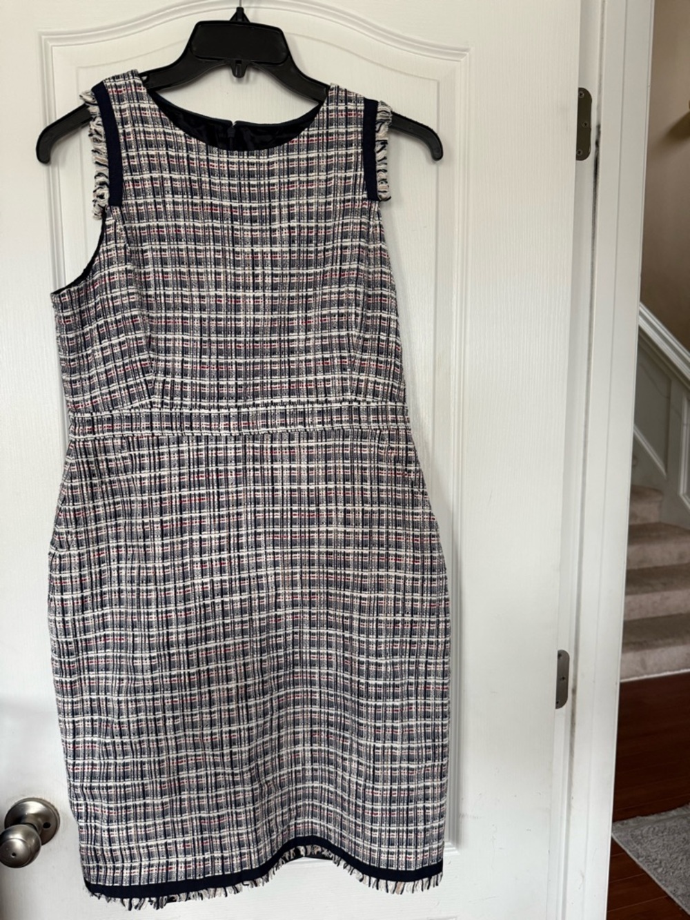 J. Crew Navy, White and Pink Tweed Midi Shift Dress